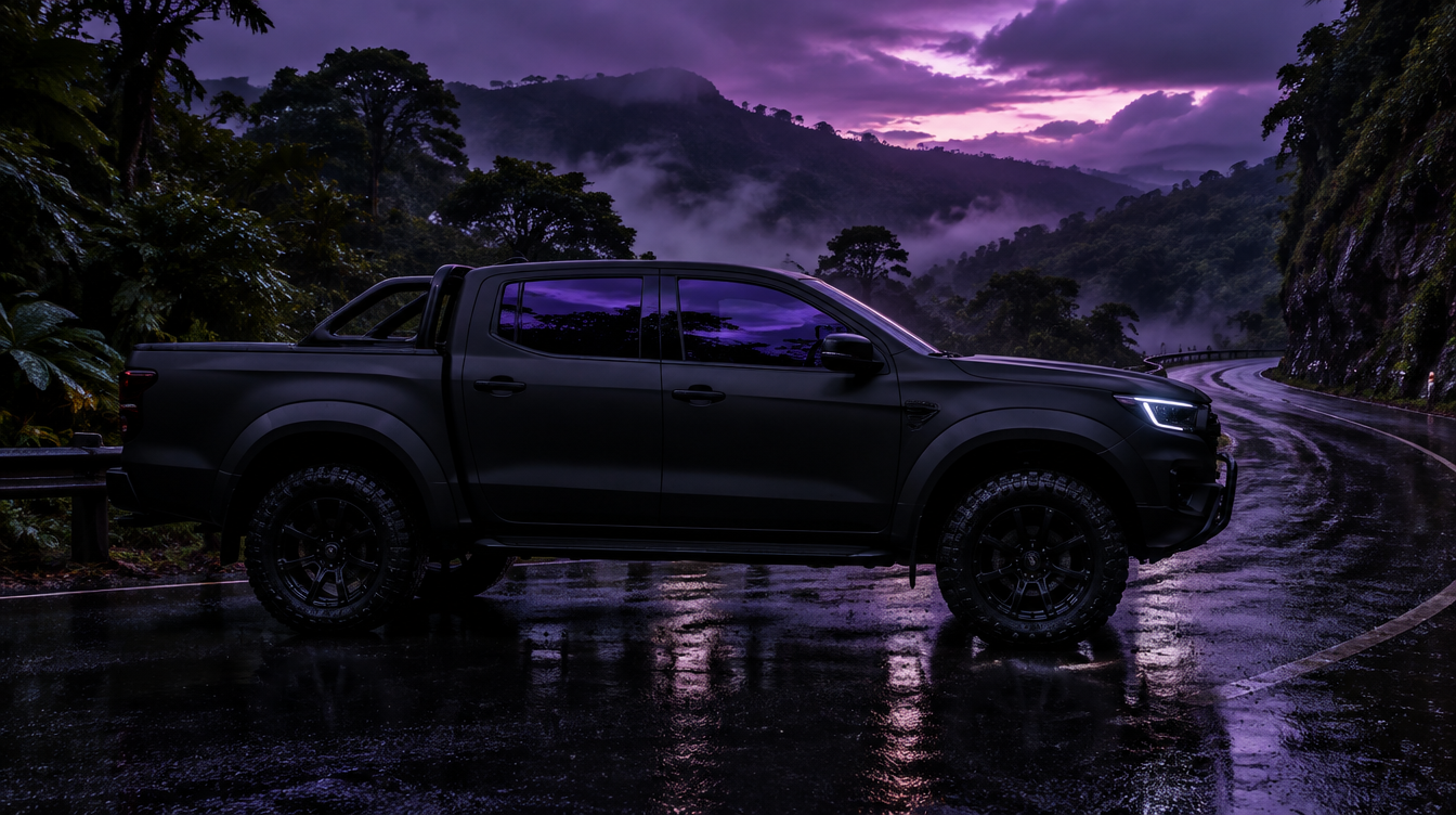 Black 4WD ute with tinted windows on a wet rainforest road