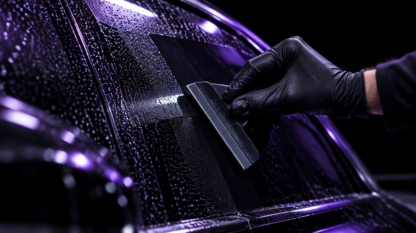 Technician squeegeeing dark window film onto a car window