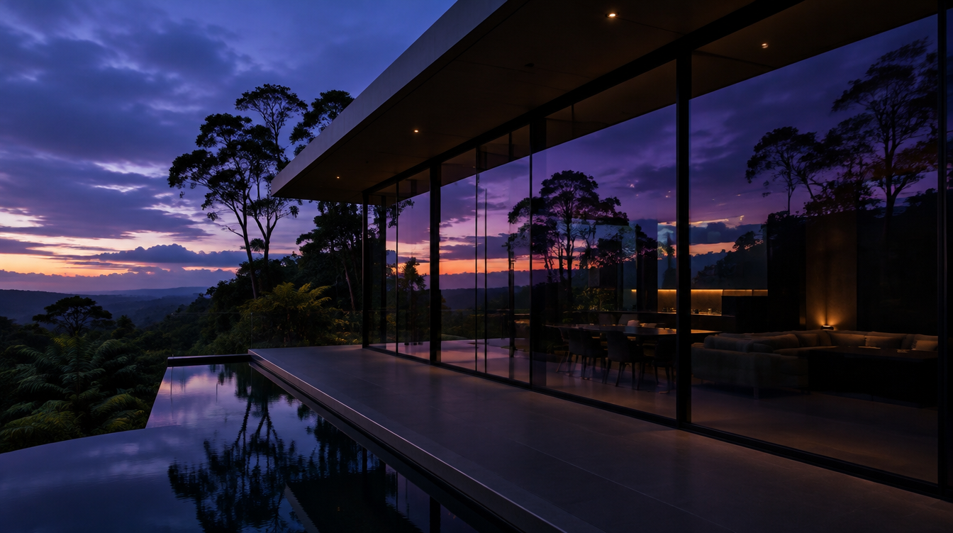 Modern hinterland home with tinted glass walls at dusk